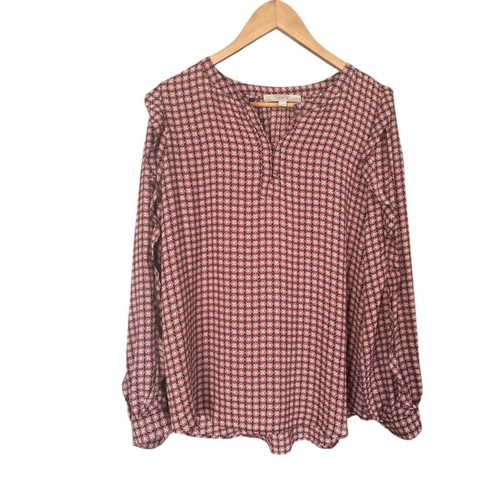 LOFT Floral Ruffle Blouse Red Pink Black Career Top M
